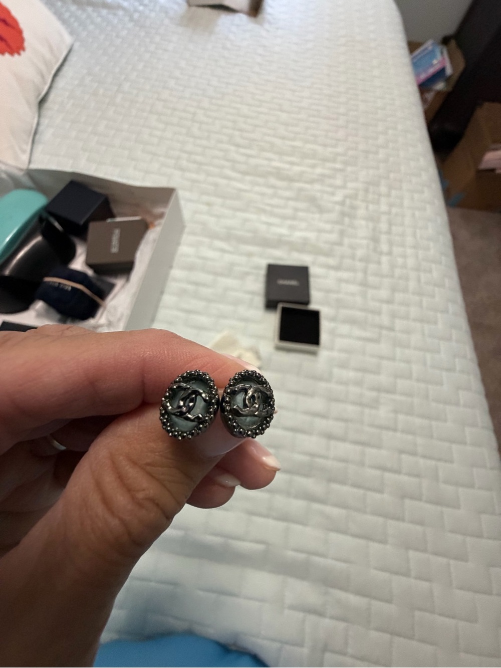 CHANEL Gunmetal CC Round Stud Earrings with Beaded Edge